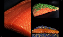 Thierry Salas, fumage artisanal - collection poésie : pavés de saumon fumé, mariné gravlax, signature ails des ours et fleurs de bleuet