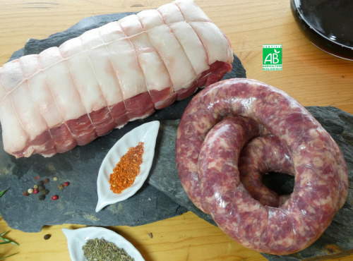 Terres En Vie - Cochon Mangalica Bio Mature (2 ans et demi d'élevage) - 1kg de Rôti et 500 g de Saucisse