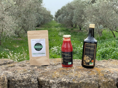 Serradimigni Père et Fils - Lot Découverte Huile d'olive 75cl, spiruline comprimés, coulis de tomates