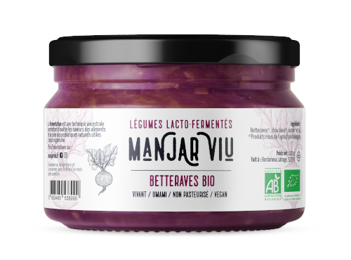 Manjar Viu : Légumes lacto fermentés - Betteraves - chou blanc - cumin - Bio - lacto-fermentés - 220 g