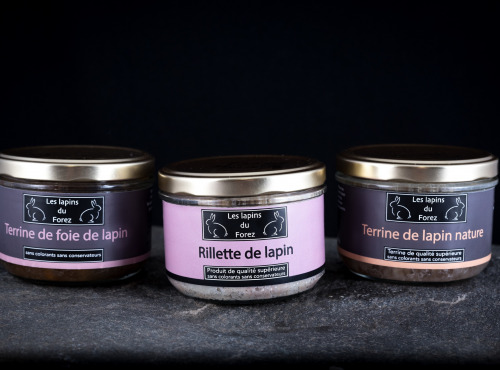 Les Viandes du Forez - Assortiment de 3 Terrines de Lapin : Rillette, Nature, Foie