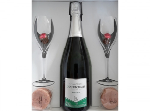 Champagne Deneufchatel - Coffret Champagne Brut Tradition Avec Flûtes, Bouchons Aux Chocolats Et Biscuits Roses De Reims