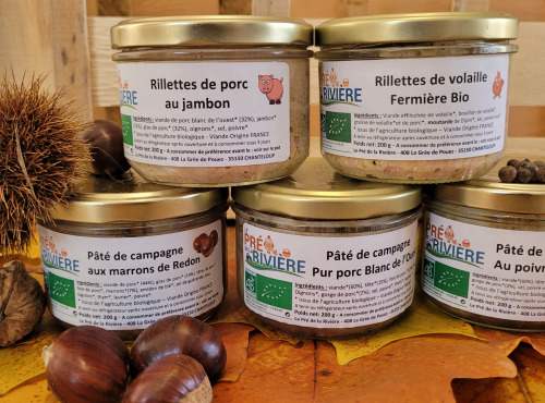 Le Pré de la Rivière - Coffret 5 bocaux bio de la ferme -  Pâtés  et Rillettes de Porc Blanc de l'ouest