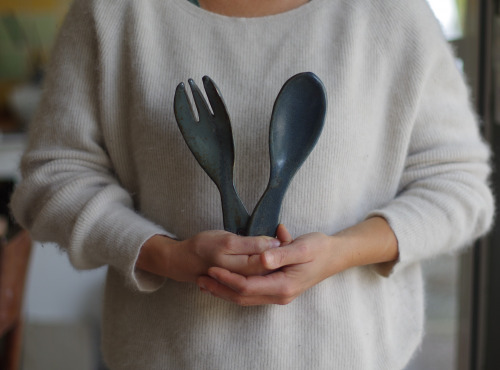 Atelier Eva Dejeanty - Service en Céramique (Grès) : Fourchette et Cuillère Modèle Cellule